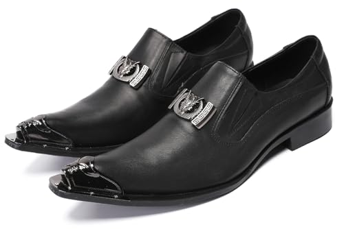 Santimon Mens Slip On Penny Loafers - Black Leather Mocasines para Hombre | Metal Wingtip Toe Dress Casual Shoes for Wedding,Bar & Ballroom