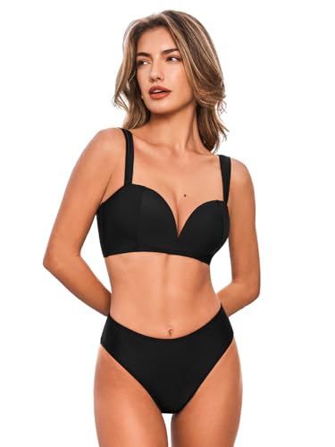 CUPSHE Conjunto de bikini para mujer, cuello corazón, dos piezas, cruzado, tirantes ajustables, traje de baño, Negro, Large