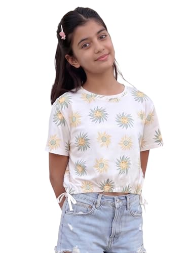 Image of Li'l Tomatoes Girls 100% Cotton Printed Top | Half Sleeve Casual Summer Top for Girls | Soft & Breathable Everyday Wear | Floral Sunflower Print | 9-16 Years