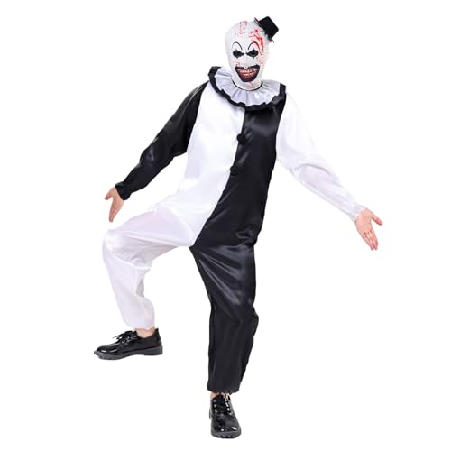 OEBLD Combinaison costume de clown unisexe noir et blanc tenue dHalloween effrayante cosplay de tueur avec masque