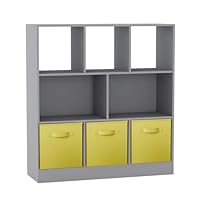 URBNLIVING Asymmetrical 8 Cube Bookcase Shelf Storage Unit with 3 Grey Fabric Drawer Inserts – Modern Organizer & Display Cabinet for Home or Office - Yellow