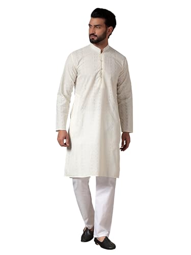 Image of Men's Solid Regular Fit Ethnic Wear White Kurta Pajama Set with Front Pocket