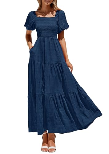 PRETTYGARDEN Womens Summer Puff Short Sleeve Maxi Dress Square Neck Smocked Tiered Ruffle A Line Long Flowy Beach Dresses (Navy,Large)