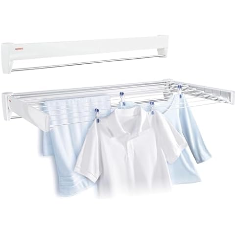 Leifheit 83100 Telefix 100 Wall Mount Retractable Plastic Clothes Drying Rack for Storage | 8 Drying Rods | White Cover