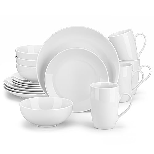 Image of MALACASA 16-Piece Gourmet Porcelain Dinnerware Sets, Modern White Round Dish Set for 4 - Premium Serving Plates and Bowls Sets for Dessert, Salad, Soup, Pasta - Series AMELIA