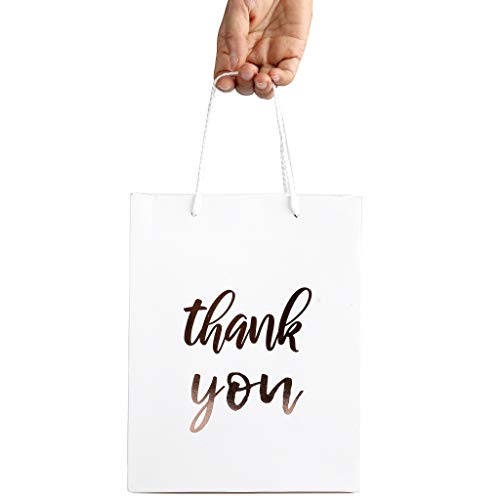 12 Pack Thank You Gift Bags - Elegant Paper Gift Bags With ‘’Thank You’’ Embossed In Rose Gold Foil Letters - Perfect For Birthday Party, Wedding Party, Paper Favor Bags 4"x 7"x 9" Inches - White