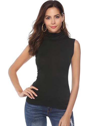 Irevial Camiseta Mujer sin Mangas Basica Blusas de Cuello Alto Elegante Turtleneck Tops Primavera Casual Negro, M