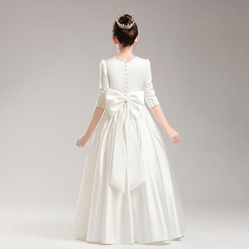 Satin Flower Girl Dress Long Sleeve A-Line Elegant Pageant Dresses Kids Pearls Prom Party Gown with Bow-Knot2