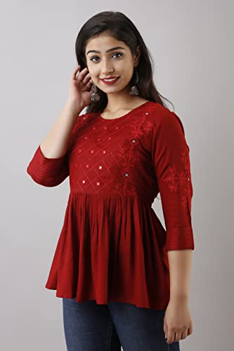 Image of Shiva FAB Women's Rayon Embroidered Regular Fit Tops Black (X-Large, Maroon EMB)