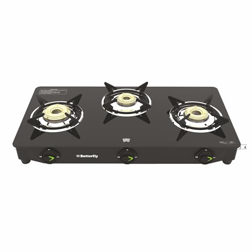 Image of Butterfly Bleu Ray 3 Burner Glass Top Gas Stove | Removable Drip Tray | Brass Burner Gas Stove with Tri‑Flow Jumbo Burner