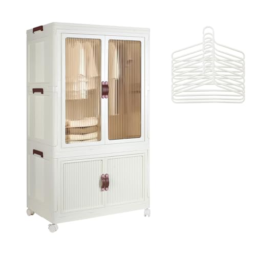 Portable Closet Wardrobe, Folding Storage Bins with Lid, Stackable Storage Box with Hanging Rod and Doors, Collapsible Plastic Clothes Cabinet with Wheels, 10 Hangers