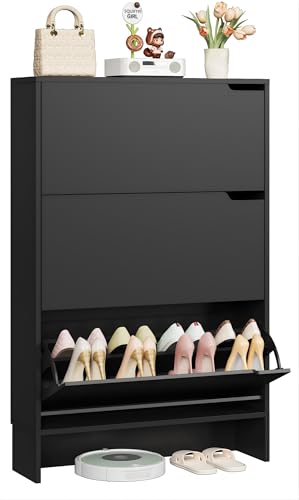IRONCK Shoe Cabinet with 3 Flip Drawers Slim Shoe Storage Unit with Adjustable Shelves Wooden Shoe Rack Cabinet Freestanding Cupboard Organizer for Entryway Hallway for 18-24 Pairs Shoes (Black)