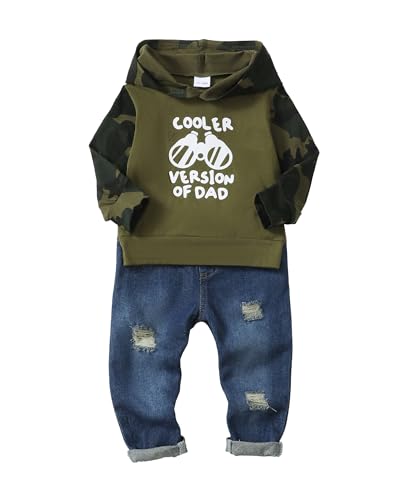 Image of NZRVAWS Baby Boy Clothes Toddler Hoodie Letter Print Sweatshirt Denim Ripped Jeans Pants Infant Outfit Set Kids Sweatsuit Fall Winter 6-12 Months, Green-camo