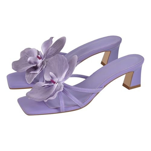 Women's Square Toe Block Mid Heels Floral Slides Sandals