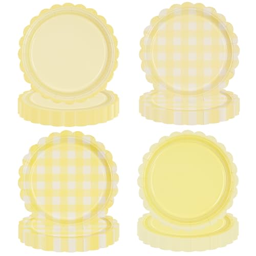 EVYIENEN Lot de 48 assiettes en carton jetables, jaunes, à bord ondulé, avec motif à carreaux, décoratives, vichy, pour fête prénatale, mariage et fêtes...