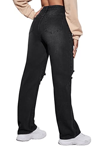 Sweatyrocks Women's High Waist Ripped Jeans Distressed Raw Hem Denim Pants Solid Black L #TOP1