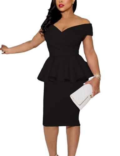 SEBOWEL Women Ruffle Peplum Bodycon Midi Dress Pencil Business Office Work Dress Elegant Wrap V Neck Club Evening Party Dress