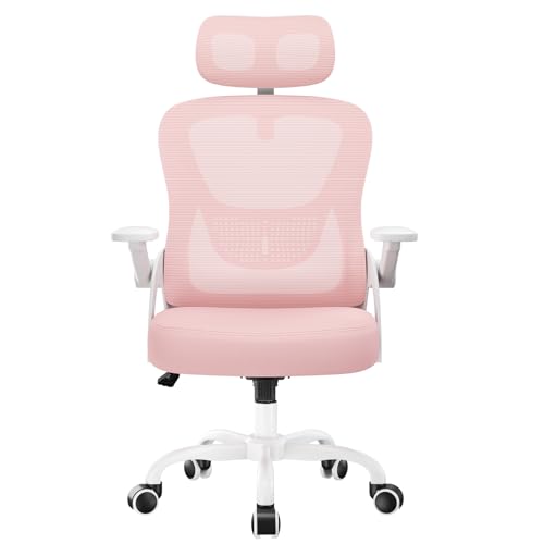 rattantree Bürostuhl Ergonomisch, Schreibtischstuhl mit Hochklappbaren Armlehnen, Kopfstütze und Rückenlehne, Kleiner Drehstuhl mit Wippfunktion bis 115°, Bürostuhl mit Netzbezug, Rosa rattantree Bürostuhl Ergonomisch, Schreibtischstuhl mit Hochklappbaren Armlehnen, Kopfstütze und Rückenlehne, Kleiner Drehstuhl mit Wippfunktion bis 115°, Bürostuhl mit Netzbezug, Rosa