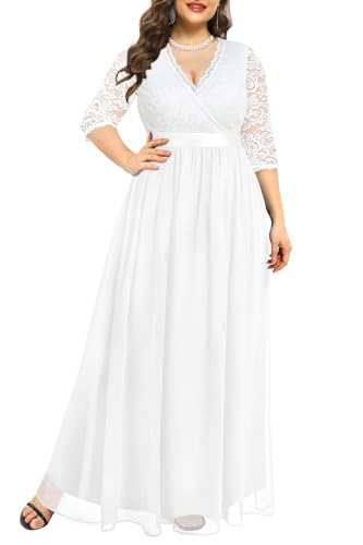 Image of Pinup Fashion Wedding Dresses for Bride Plus Size - Formal Evening Gown Wrap Neck Lace Chiffon Long Dress