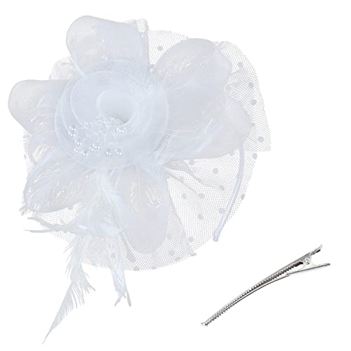 Polka Dot Fascinators for Women Weddings Vintage Mesh Tea Party Hat Floral Veil Headpiece with Hair Clip Headband Bridal Royal Ascot Derby Funeral Mother of The Bride White 1 count (Pack of 1)