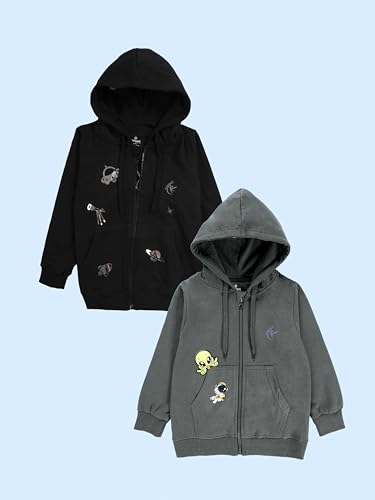 Image of KiddoPanti Boys Solid Cotton Full Sleeve Zip-Up Front Open Hooded Sweatshirt