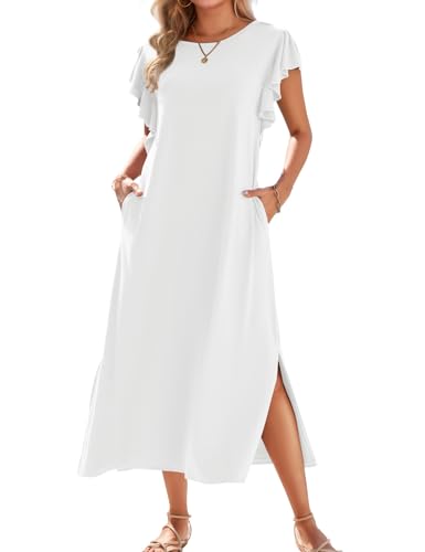 Zilcremo Women Summer Casual Ruffle Sleeve Loose Sundress Round Neck Split Long Maxi Beach Dress with Pockets White XL