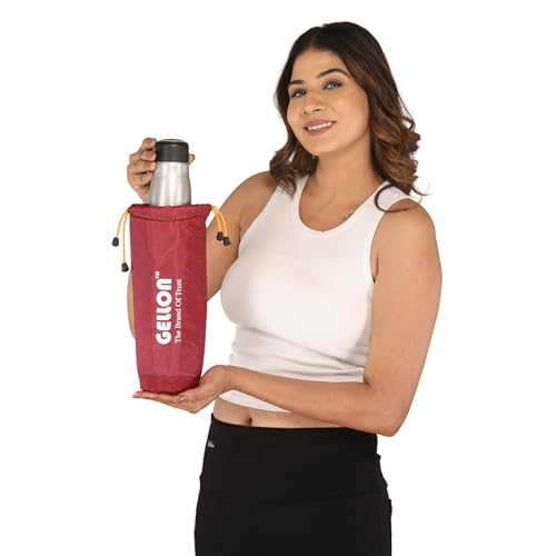 Image of Gellon Bottle Cover In Umbrella Cloth For 750 ML, 1 L to 1.5 Litre Water Proof Drawstring Closer For Travel, Hiking, Office & School Kids In Black Color (Maroon)