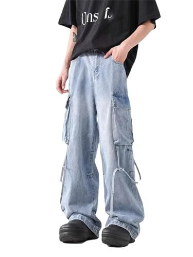 Men Vintage Blue Multi Pockets Baggy Jeans Pants Clothes Straight Gothic Denim Trousers