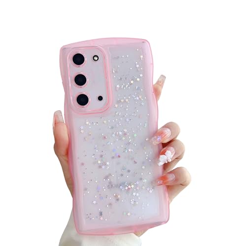 Danglyld Compatible with Galaxy Note 20 Case for Women Girls Glitter Camera Lens Protector Cute Curly Wave Frame Shockproof Protective Cover Phone Case for Samsung Galaxy Note 20(Pink)