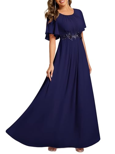 Ever-Pretty Women's Classic Round Neck Pleated Short Sleeves Chiffon Appliques Floor Length A Line Formal Evening Dresses Navy Blue US12