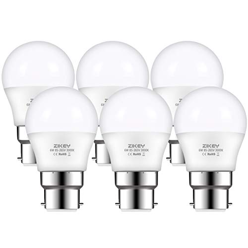 ZIKEY B22 Bayonet LED Light Bulb, 6W Golf Ball G45 Bulbs, 50W Incandescent Bulbs Equivalent, Warm White 3000K, Non Dimmable - 6 Pack