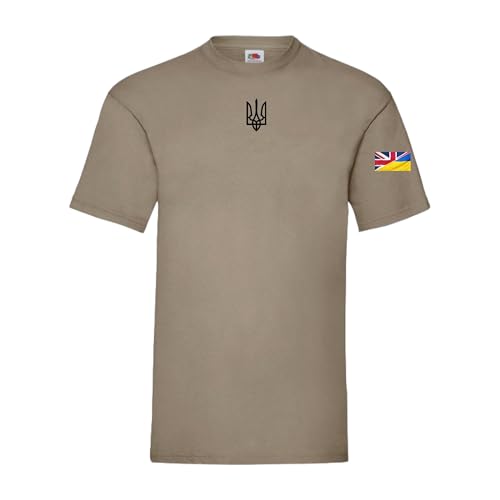Ukrainian Trident Emblem T Shirt Split Ukraine United Kingdom Flag on Sleeve (UK Alpha 4XL Regular Regular Desert Khaki)
