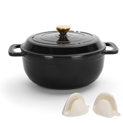LEADZM Gusseisen Topf 26 cm 4,7 L, Schmortopf Bräter mit Deckel, Emaille Topf, Brotbacktopf für Braten Küche Backen Schmoren, FDA-Zertifiziert (Schwarz) LEADZM Gusseisen Topf 26 cm 4,7 L, Schmortopf Bräter mit Deckel, Emaille Topf, Brotbacktopf für Braten Küche Backen Schmoren, FDA-Zertifiziert (Schwarz)