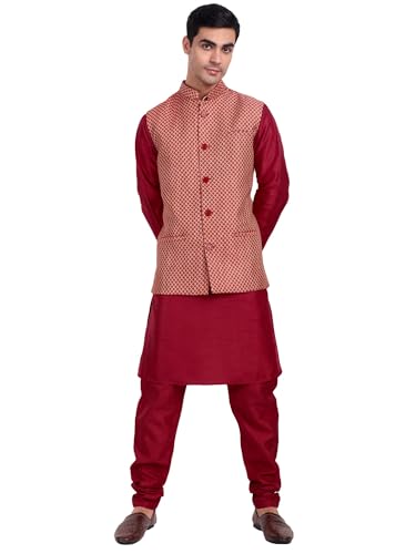 Image of Silk Blend Men's Kurta & Pant With Nehru Jacket Wedding Waistcoat