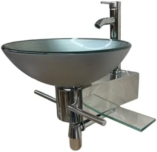 Lorixon LV-002SLVR Elegant Modern Floating Small 16" Wide Bathroom Vanity Tempered Glass Silver Gray Vessel Sink Wall Mount Stainless Steel Pedestal Clear Glass Shelve Towel Bar Pop up Combo Set