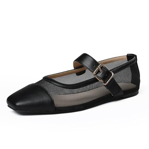 Goiphrri Ballet Flats for Women Square Toe Mary Jane Shoes Comfy Low Heel Ballerina Flats Buckle Strap Slip On Flats Dress Casual - Main Image