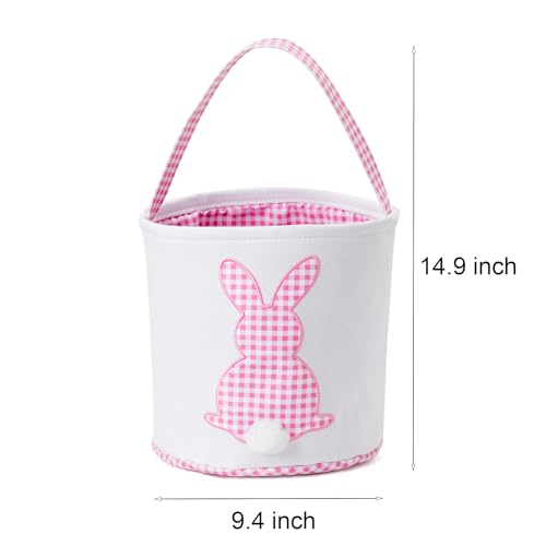 Image of Easter Basket with Handle Easter Bucket Easter Baskets Easter Basket Bags Egg Hunt Basket Canvas Plaid Bunny Print Basket with Fluffy Tail (Pink Plaid+Green Plaid)