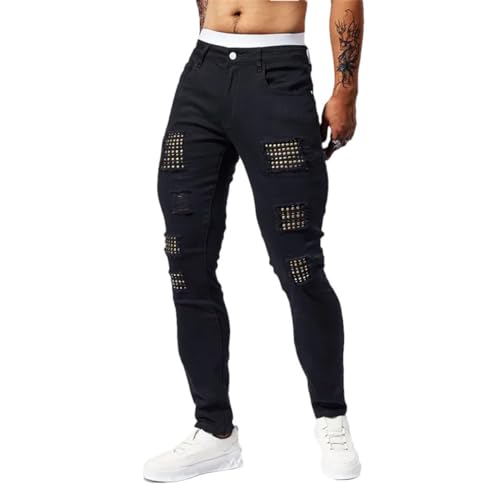 Men's Muscle Jeans Elastic Slim Fit Perforated Patch Street Tight Pants