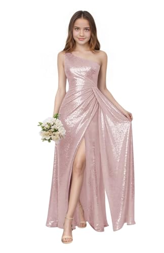 Farichos One Shoulder Junior Bridesmaid Dress Long Sequin Girls Party Dress Ruffle Blush Pink Weddiing Guest Dress for Girls Size 14
