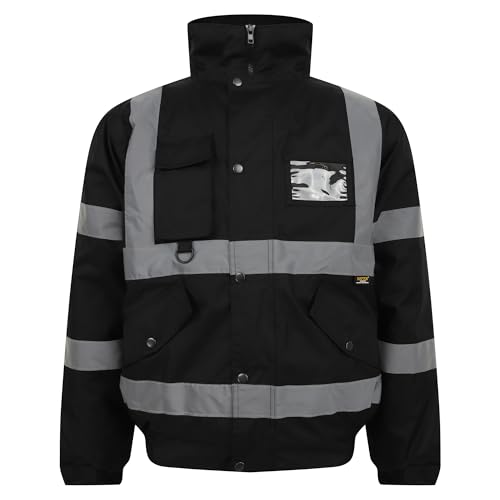Image of Grunge Wear® Hi Vis Viz Bomber Jacket High Visibility Workwear Safety Security Hooded Padded Water Resistant Taped Seams Work Wear Coat Top (Black, XX-Large)