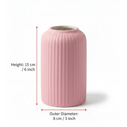Image of KREATIVE ART'S Modern Ribbed Design Ceramic Flower Vase for Living Room, Flower Pots for Artificial Flower, Home Decoration Item, Home Decor, Vases for Living Room (Pink, Small)