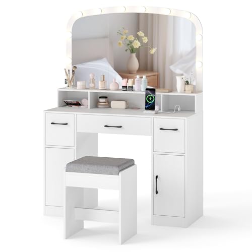COSTWAY Dressing Table with LED Mirror and Stool, Makeup Tab