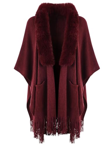 Ferand Women's Shawl Wraps with Pockets Open Front Fringe Poncho Sweater with Warm Faux Fur Collar, Dark Red