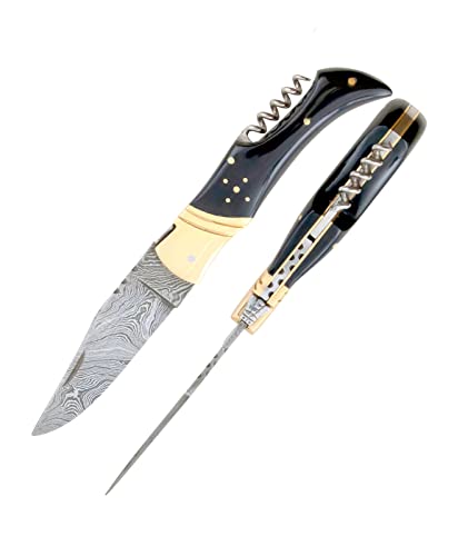 laguiole artisan 5092 Black Water Buffalo Bone Sommeliere Korkscrew Camping Messer,Jagdmesser Damaststahl Messer, Fischmesser,Taschenmesser Cover
