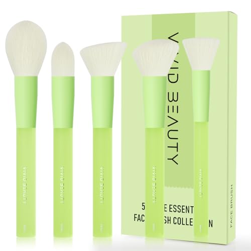 Image of Vivid Beauty 5pcs Face Makeup Brushes Set, Vegan Soft Bristles for Flawless Complexion - Blush, Foundation, Contour, Highlighter Brushes - Cruelty-Free Makeup Brush Kit (Green)