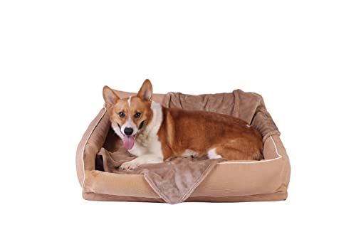 Pbed Dog Bed For Medium Dogs,Bolster Couch Dog Bed With Removable Machine Washable Cover,Rectangle Dog Sofa With Warm Pet Blanket And Cooling Mat,Foam Pet Bed With Nonskid Bottom,Khaki #TOP1