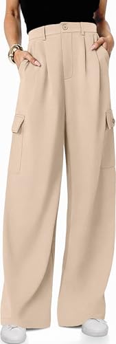 UEU Cargo Pants for Women Wide Leg Baggy High Waist Dressy Causal Work Flowy Comfy Cute Dress Pants Trendy Stretchy Elegant Pleated Palazzo Trousers Slacks Spring Beige M 28 Inseam