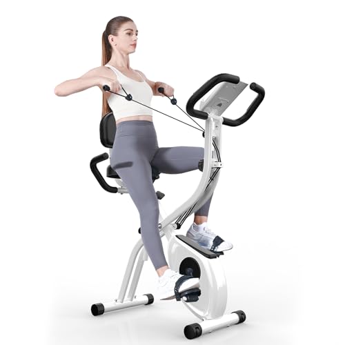 Dskeuzeew Bicicleta estática plegable con control magnético de resistencia ajustable de 8 niveles, bicicleta estática de casa con pantalla LCD y sensor de frecuencia cardíaca, Blanco-001