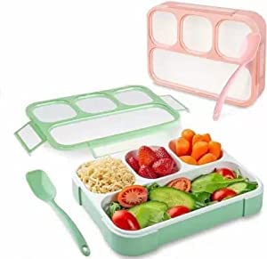 Image of Leak Proof 4 Compartment Lunch Box Reusable Microwave Freezer Safe Food Containers with Spoon for Adults and Kids (1Pc - Multicolor) PP Plastic
