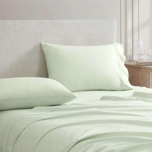 Image of Martha Stewart - Full Size Sheets Set, Crisp & Tailored Cooling Sheets w /a Naturally Smooth Cotton Percale Lightweight Feel - Matching Pillowcases & Fitted Sheet (Skylands Solid Green)